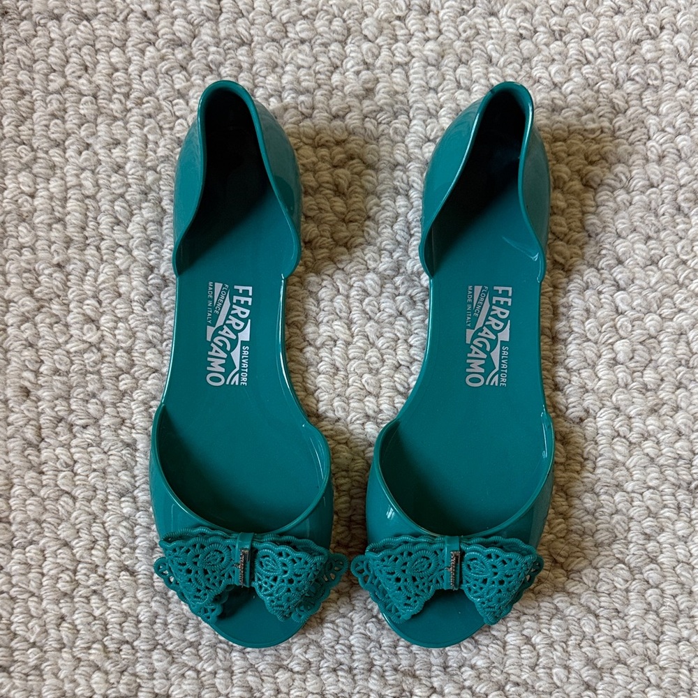 Salvatore Ferragamo Women's Teal Open-Toe Flats